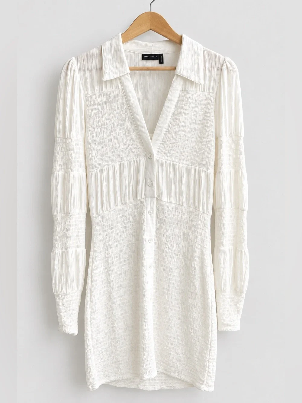ASOS DESIGN White Smocked Button Front Long Sleeve Mini Shirt Dress